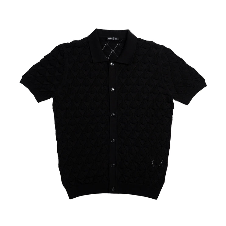 Eight X Spire crochet short sleeve button up polo shirt black