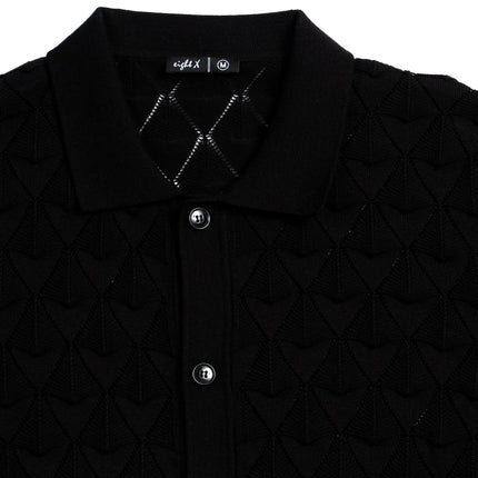 Eight X Spire crochet short sleeve button up polo shirt black