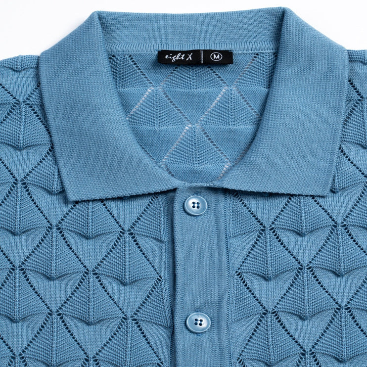 Eight X Spire crochet short sleeve button up polo shirt blue