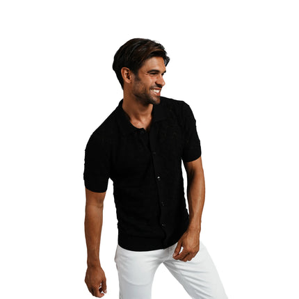 Eight X Spire crochet short sleeve button up polo shirt black