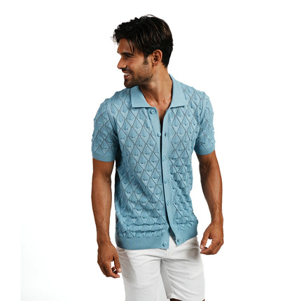 Eight X Spire crochet short sleeve button up polo shirt blue