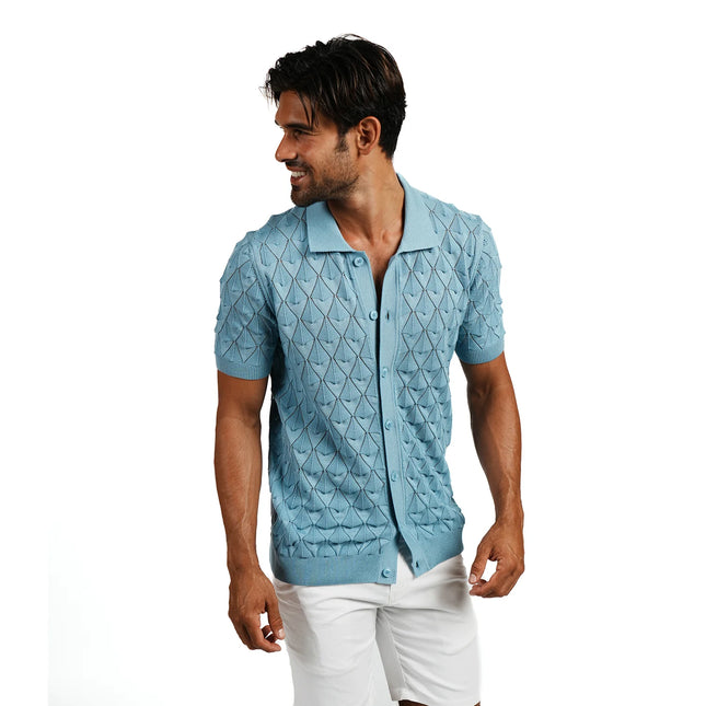Eight X Spire Knit Textured Button-Down Polo Shirt - Blue