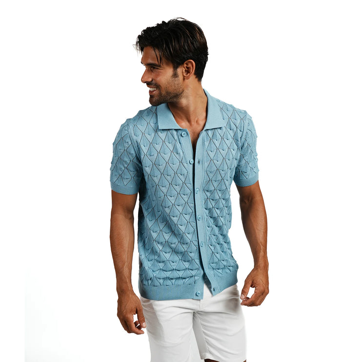 Eight X Spire crochet short sleeve button up polo shirt blue