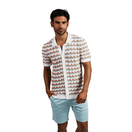 Eight X The Ripple crochet short sleeve button up polo shirt white
