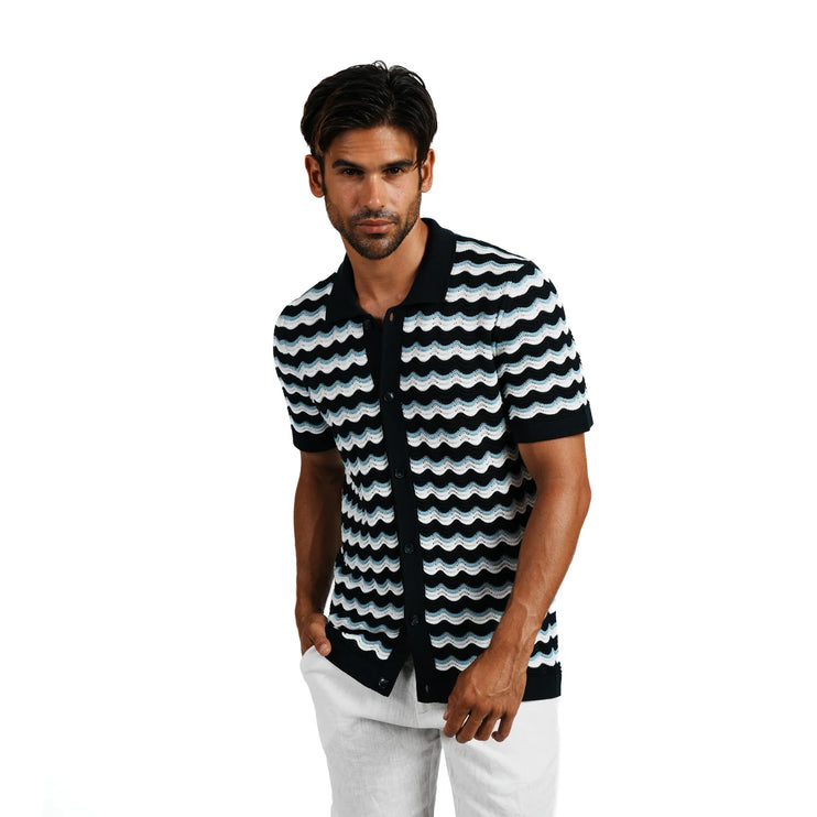 Eight X The Ripple crochet short sleeve button up polo shirt navy