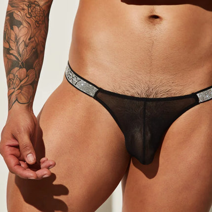 Sexy Boy Mesh Thong w/ Rhinestones - Black