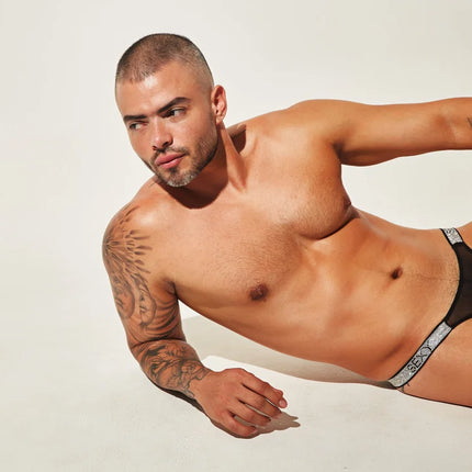 Sexy Boy Mesh Thong w/ Rhinestones - Black