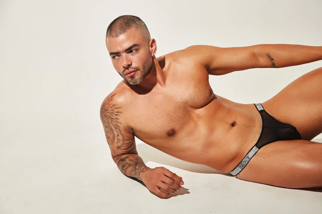 Sexy Boy Mesh Thong w/ Rhinestones - Black