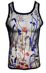 Knobs Embroidered blue floral tank mesh black