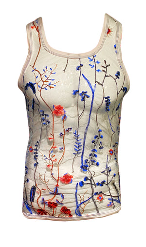 Knobs Embroidered blue floral tank mesh white