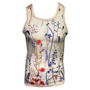 Knobs Embroidered blue floral tank mesh white