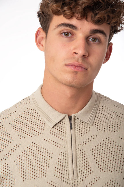 SoulStar Wata Zip Knit Textured Polo Shirt - Stone