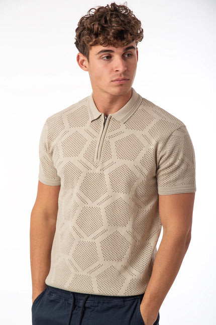 SoulStar Wata Zip Knit Textured Polo Shirt - Stone