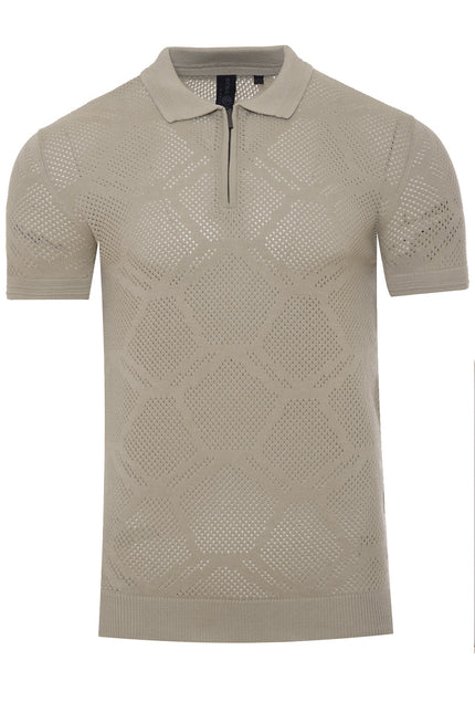 SoulStar Wata Zip Knit Textured Polo Shirt - Stone