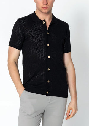 RNT23 Geometric crochet polo shirt black