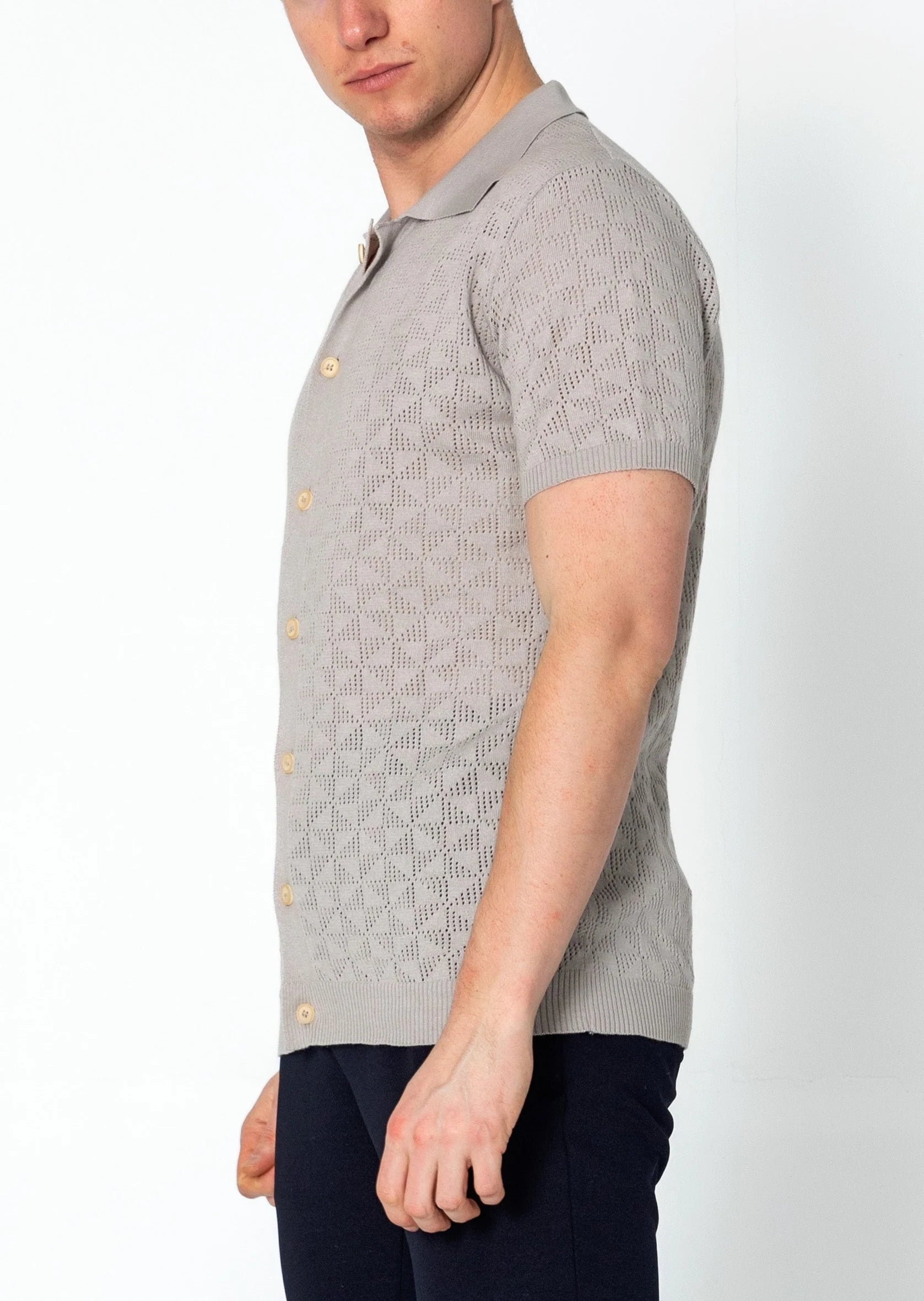 RNT23 Geometric crochet polo shirt grey