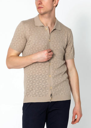 RNT23 Geometric crochet polo shirt stone