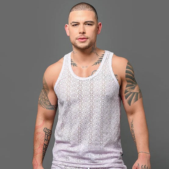 Andrew Christian Miami Cabana Boy 20059 crochet tank lavender sparkle