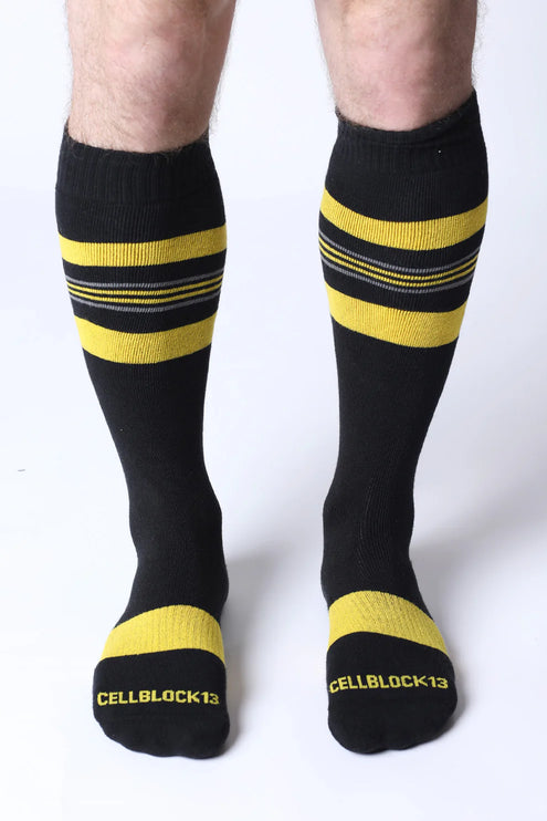 Cellblock 13 Tight End Shadow mens sexy knee-high socks black/yellow Egoist Chicago www.egoistunderwear.com 