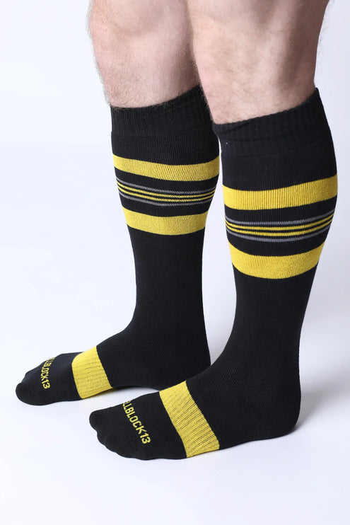 Cellblock 13 Tight End Shadow mens sexy knee-high socks black/yellow Egoist Chicago www.egoistunderwear.com 
