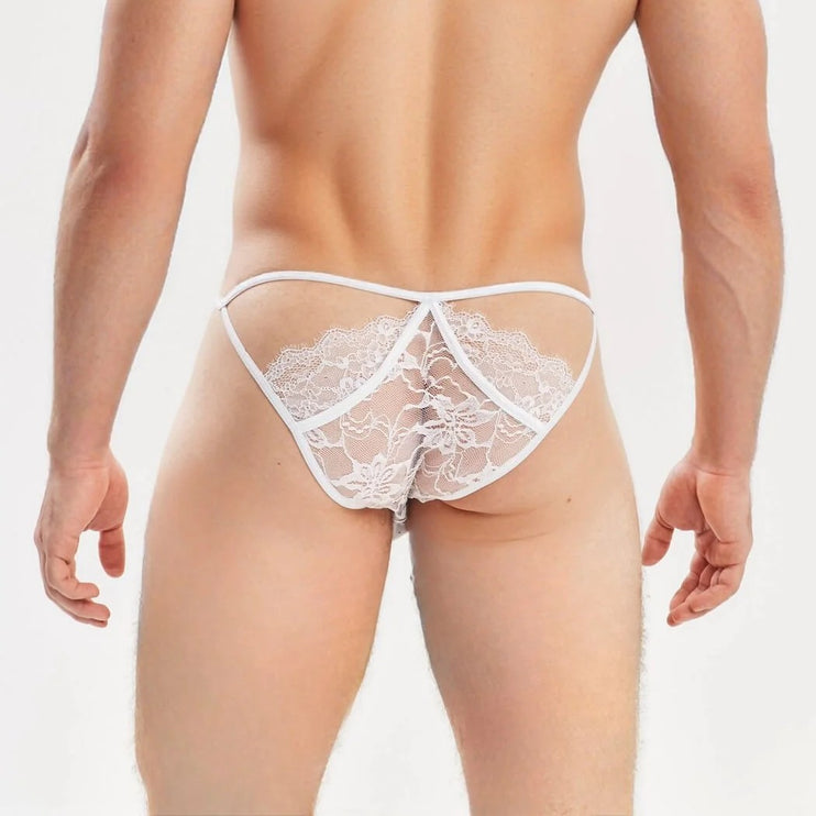 Sexy Boy Strap Lace Bikini Brief w/ Rhinestones - White