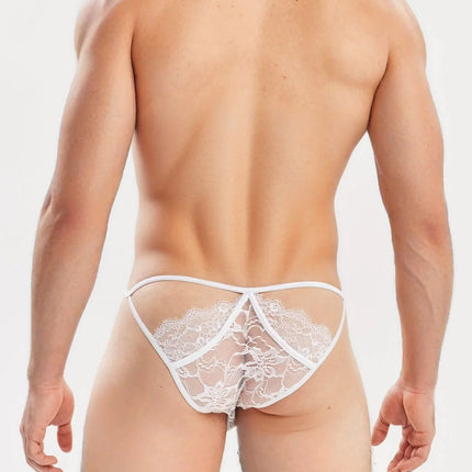 Sexy Boy Strap Lace Bikini Brief w/ Rhinestones - White