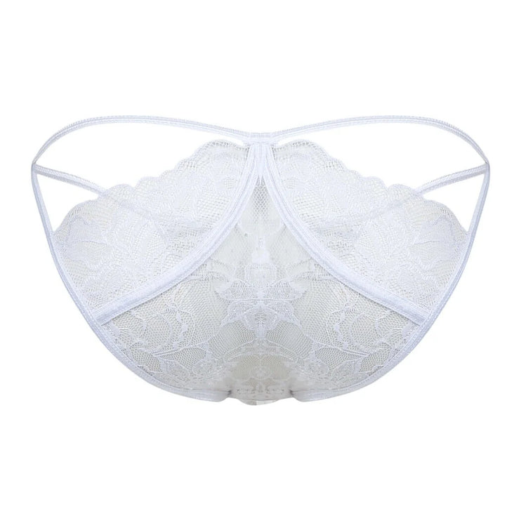 Sexy Boy Strap Lace Bikini Brief w/ Rhinestones - White