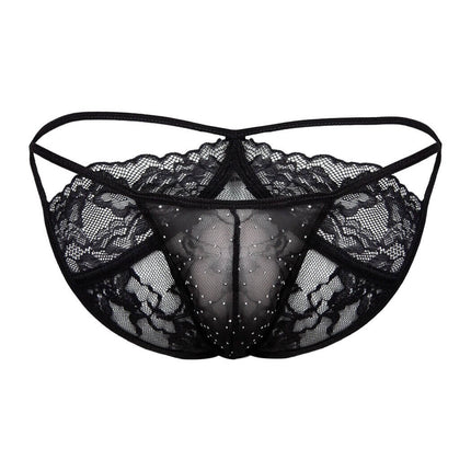 Sexy Boy Strap Lace Bikini Brief w/ Rhinestones - Black