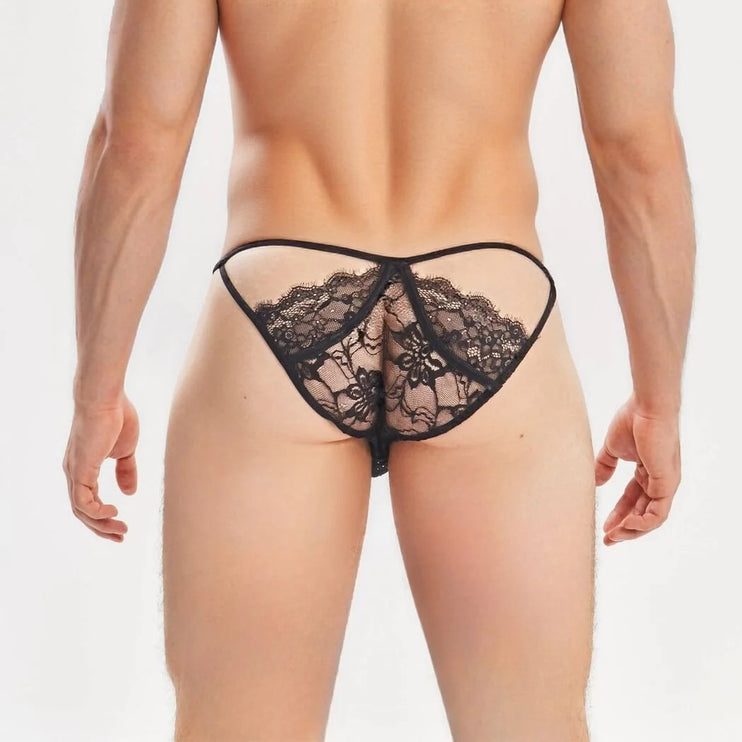 Sexy Boy Strap Lace Bikini Brief w/ Rhinestones - Black