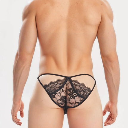 Sexy Boy Strap Lace Bikini Brief w/ Rhinestones - Black