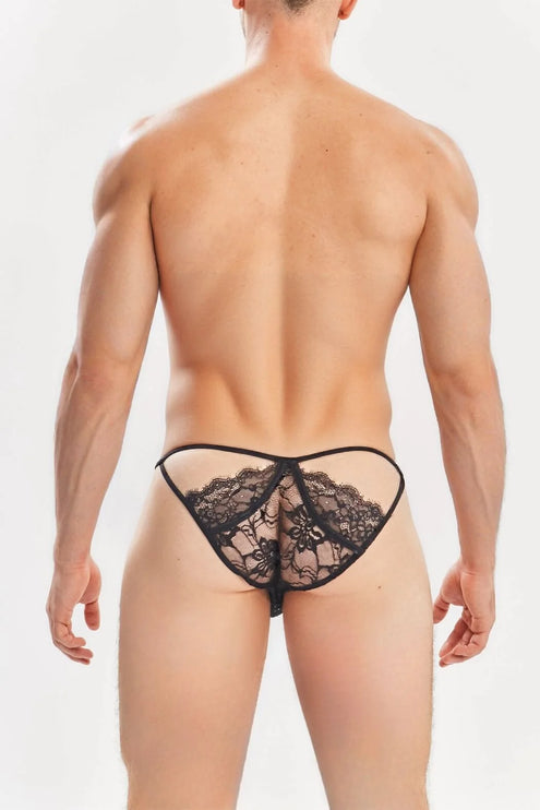 Sexy Boy Strap Lace Bikini Brief w/ Rhinestones - Black