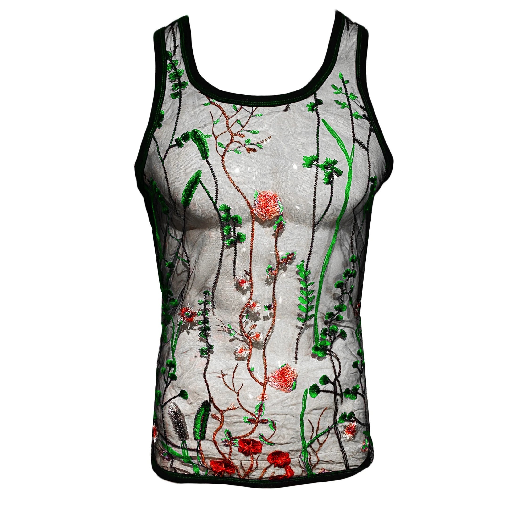 Knobs Embroidered green floral tank mesh black