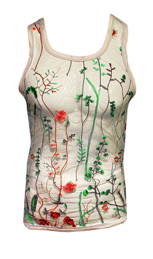 Knobs Embroidered green floral tank mesh white