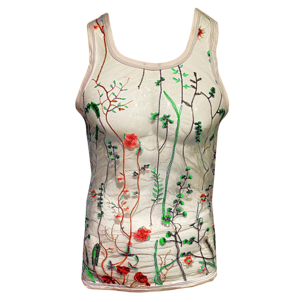 Knobs Embroidered green floral tank mesh white