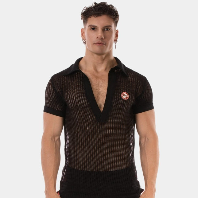 Barcode Berlin Baris V-neck Crochet Polo Shirt - Black