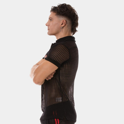 Barcode Berlin Baris V-neck Crochet Polo Shirt - Black