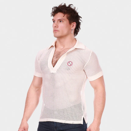 Barcode Berlin Baris V-neck Crochet Polo Shirt - Nude