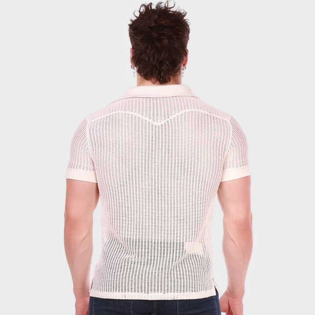 Barcode Berlin Baris V-neck Crochet Polo Shirt - Nude