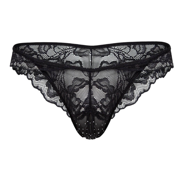 Sexy Boy Cheeky Lace Bikini Thong w/ Rhinestones - Black
