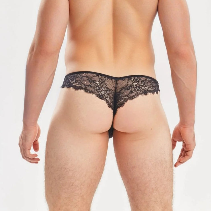 Sexy Boy Cheeky Lace Bikini Thong w/ Rhinestones - Black